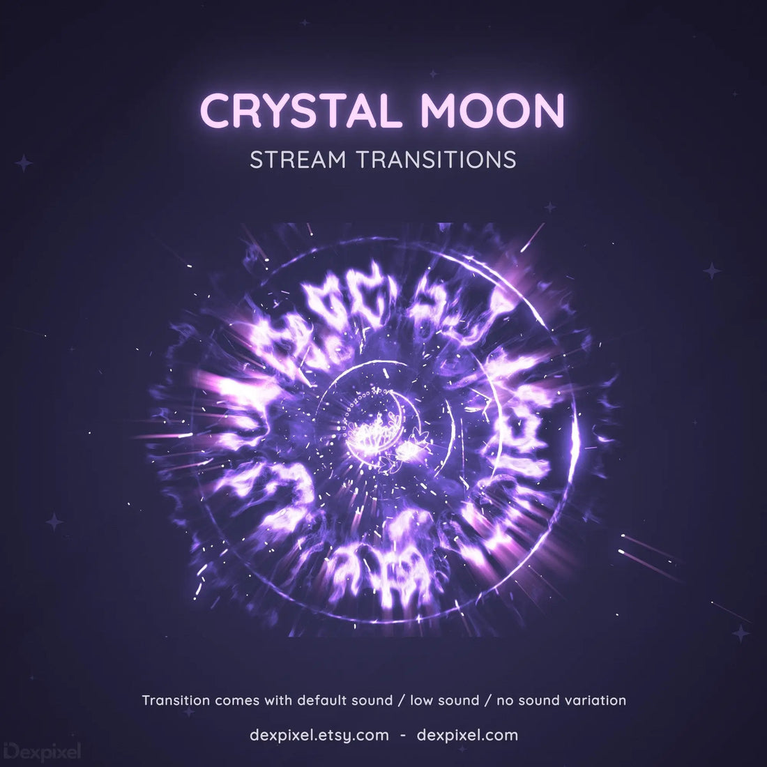 Glowing purple circular design with crystalline patterns and geometric symbols arranged in a spiral formation.