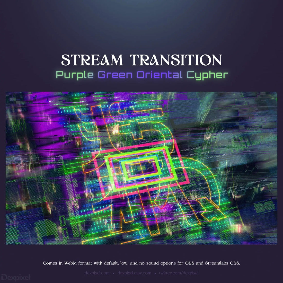 Purple and green stream transition graphic.