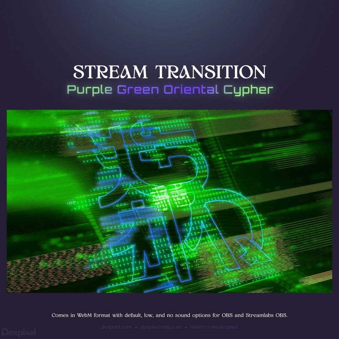 Purple and green stream transition graphic.