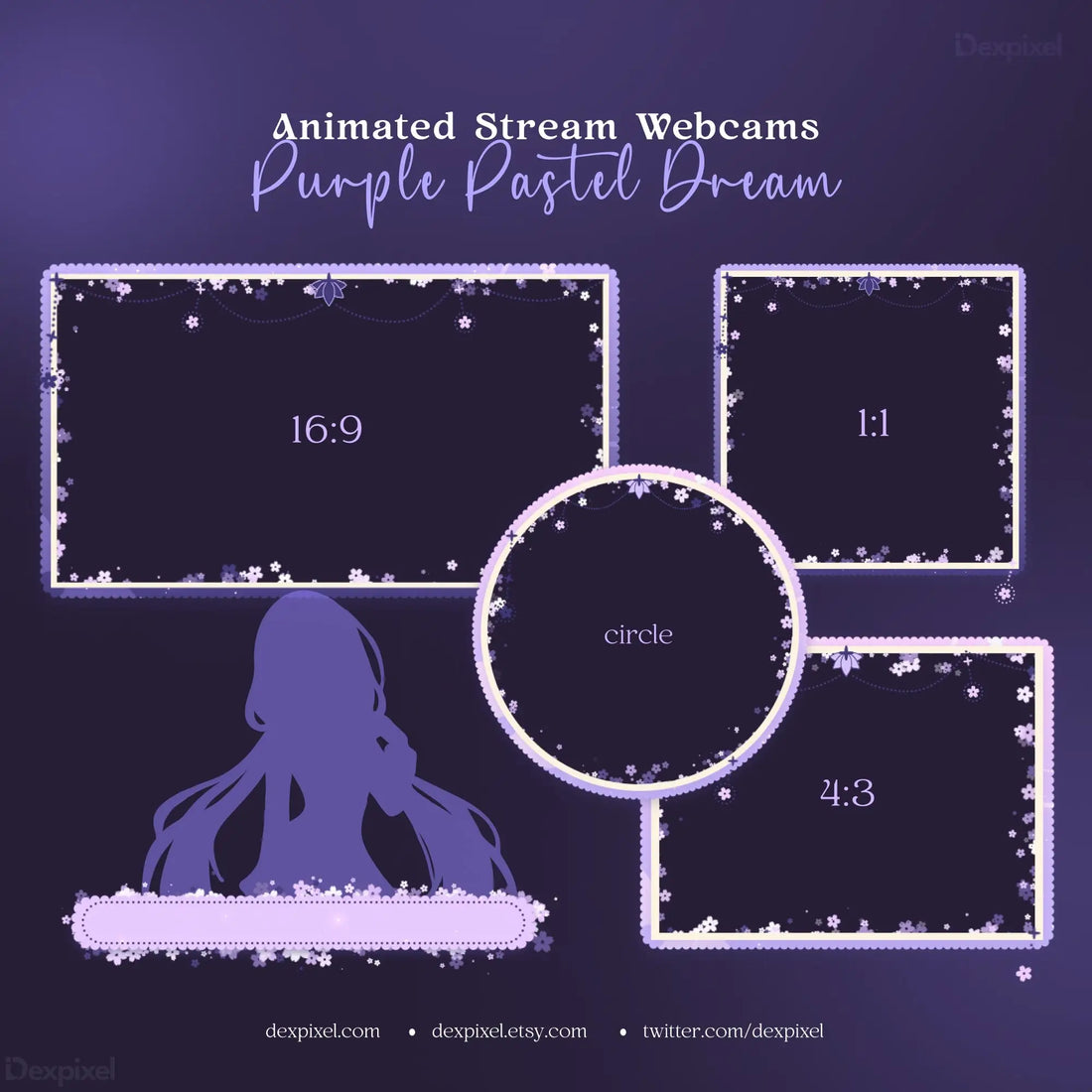Stream overlay template with purple cute animated borders and pastel dream webcam frames