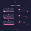 Pink and navy blue Twitch stream panels featuring ’About Me,’ ’Socials,’ and ’Twitter’ buttons in two different styles.