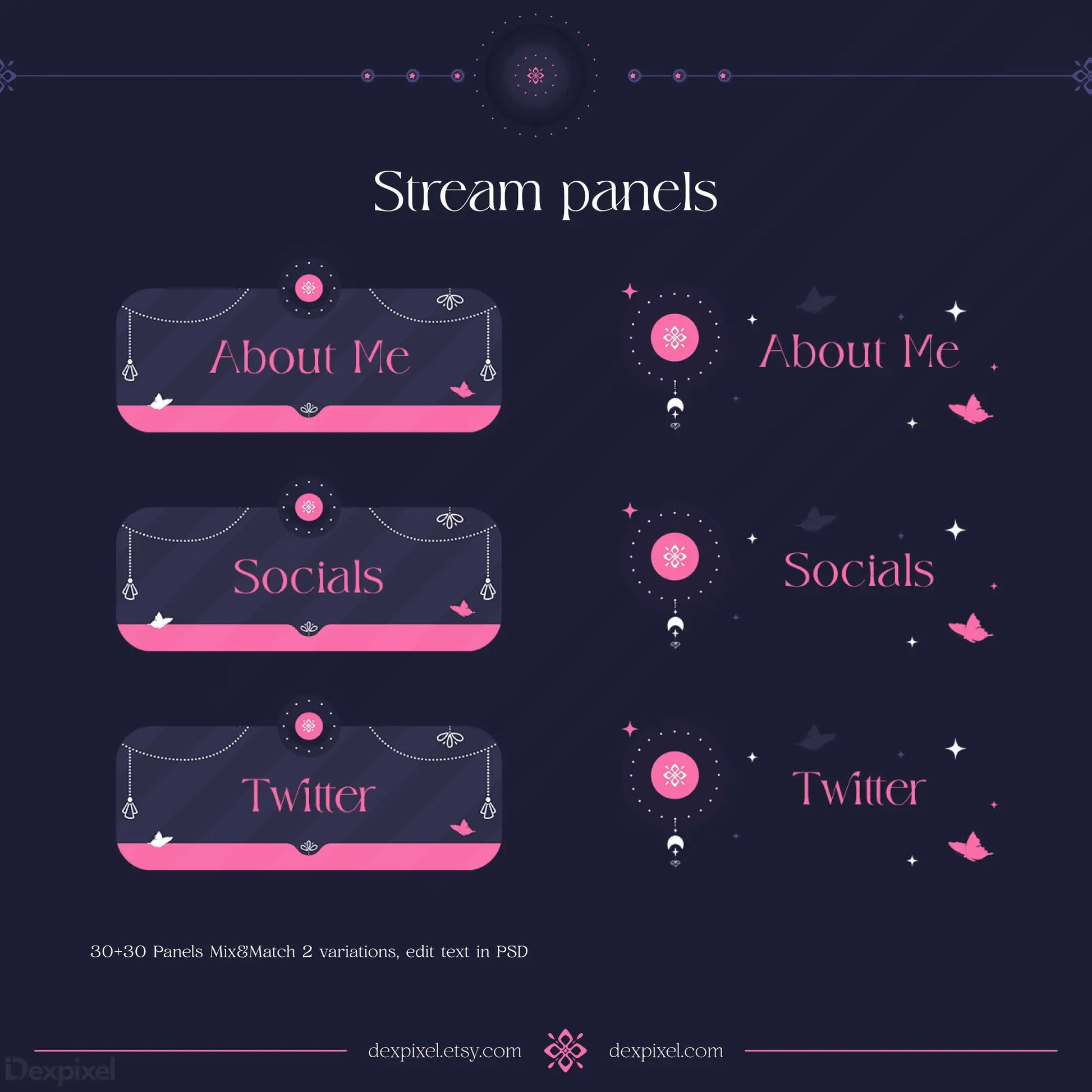 Pink and navy blue Twitch stream panels featuring ’About Me,’ ’Socials,’ and ’Twitter’ buttons in two different styles.