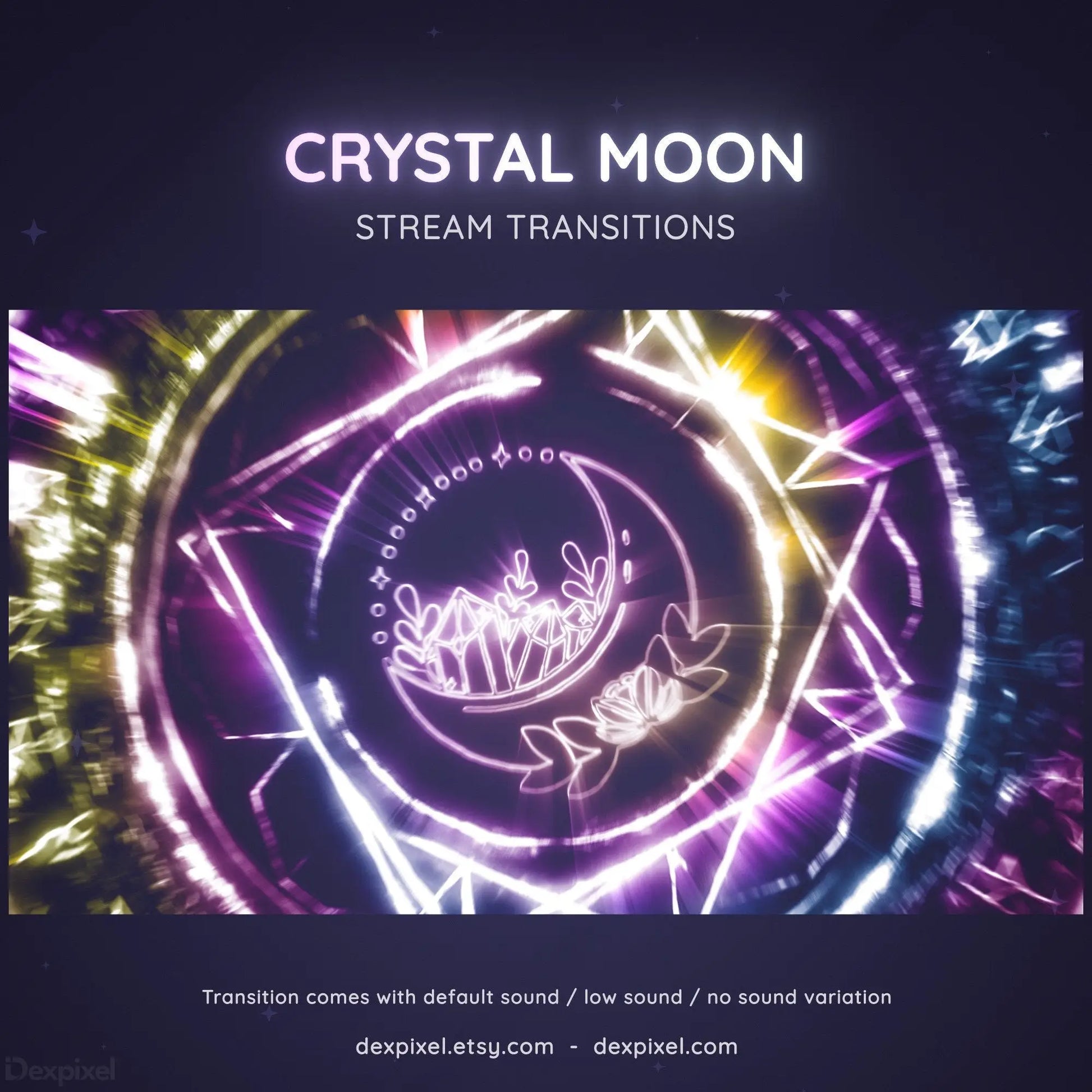 Glowing circular stream transition animation with ’Crystal Moon’ text and spiral neon effects.