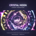 Glowing spiral design with geometric patterns and ’Crystal Moon Stream Transitions’ text in neon colors.