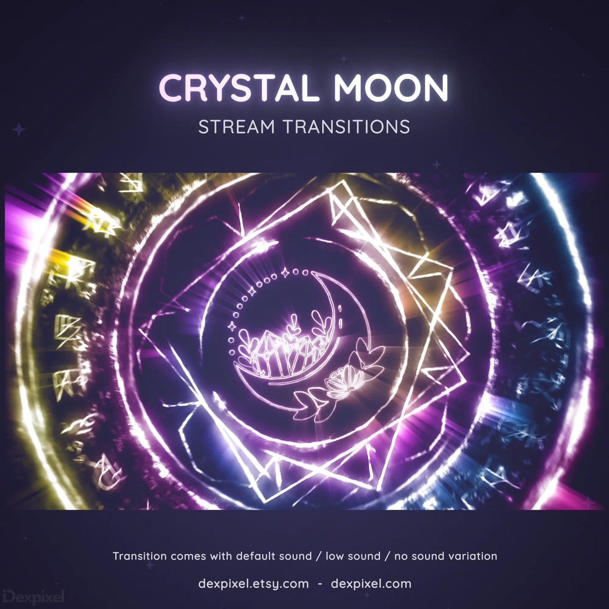 Glowing spiral design with geometric patterns and ’Crystal Moon Stream Transitions’ text in neon colors.