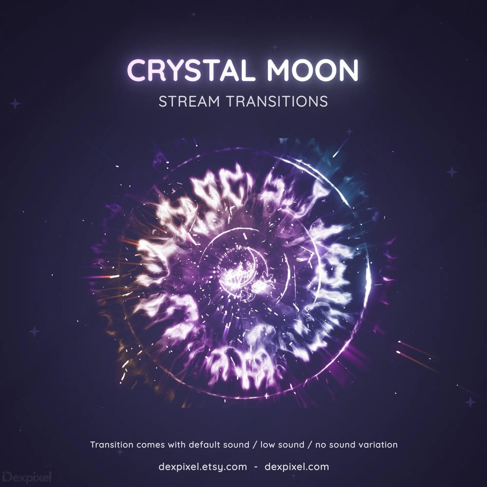 Glowing spiral design with mystical symbols and ’Crystal Moon’ text in purple and white tones.