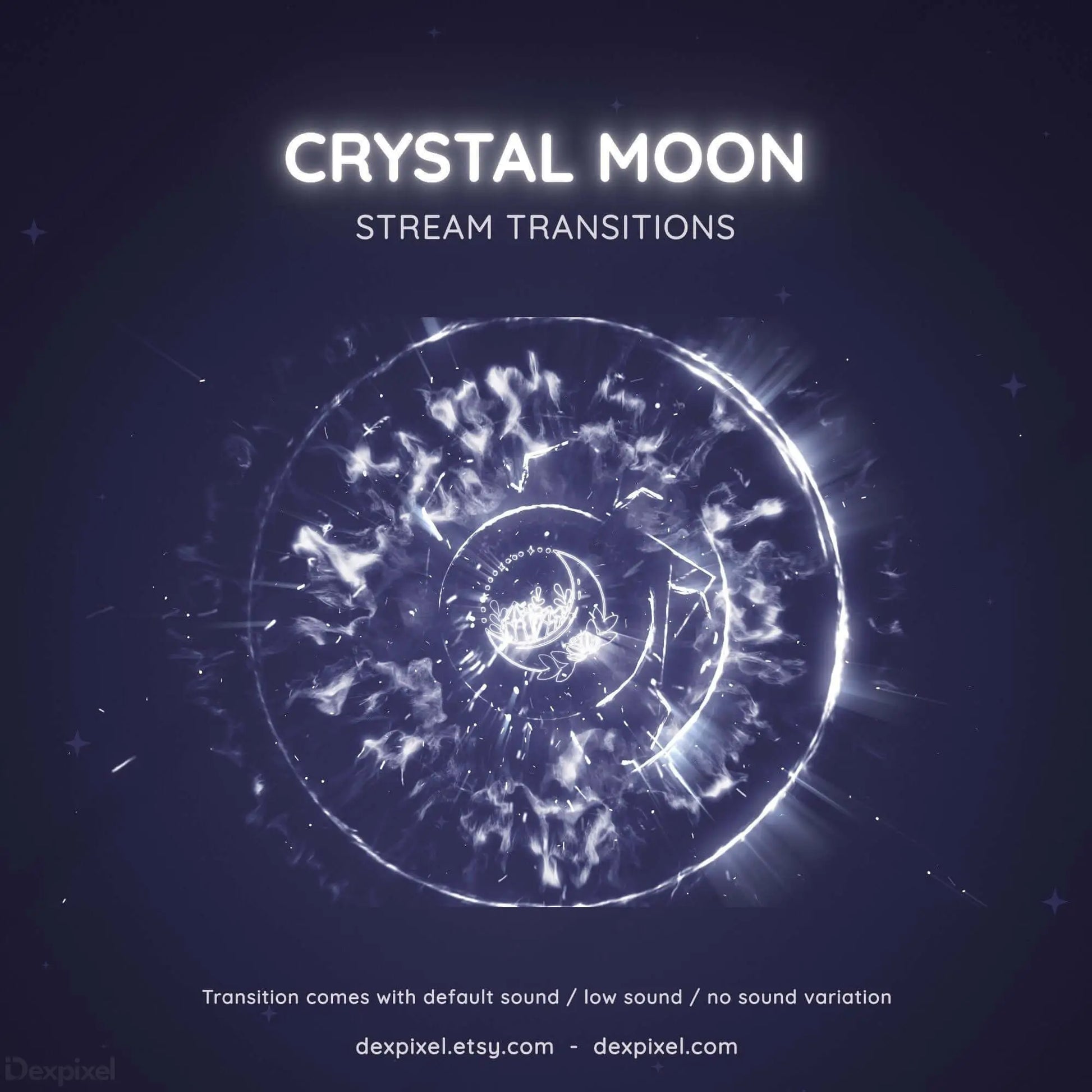 Glowing circular crystal moon design with spiral patterns and ethereal light effects.