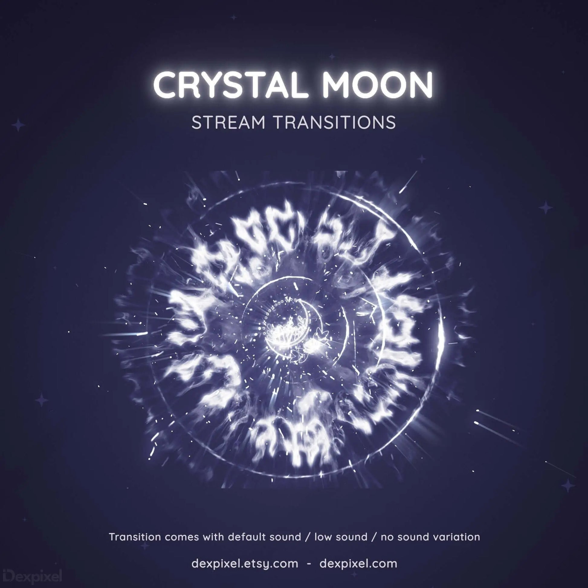 Glowing circular crystal moon design with radiating white energy patterns.