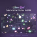 Decorative graphic with colorful symbols and text 'Wiccan Seal Full Screen Stream Alerts' on a dark background.