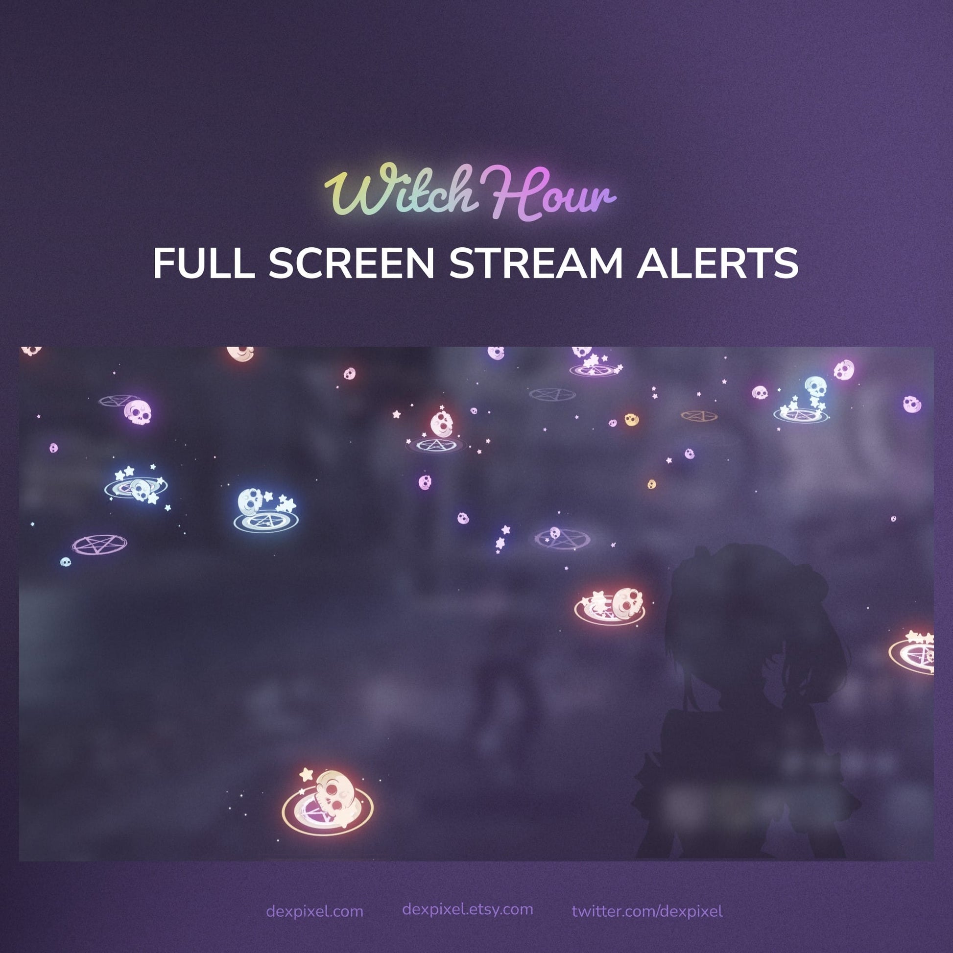 Full screen stream alerts with colorful graphics on a dark background, featuring the text 'Witch Hour' and 'Full Screen Stream Alerts'.