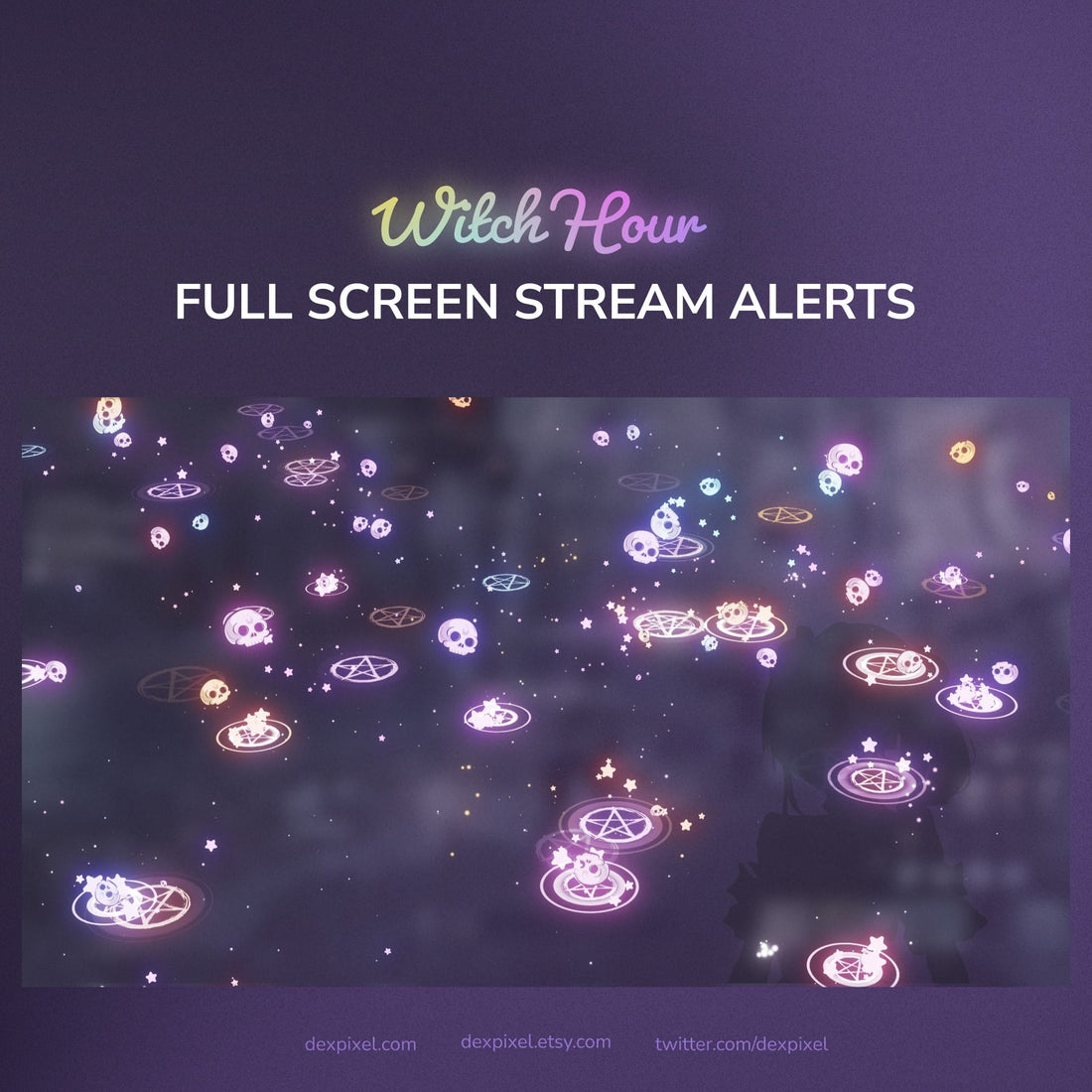 Witch Hour full screen stream alerts with colorful icons on a dark background