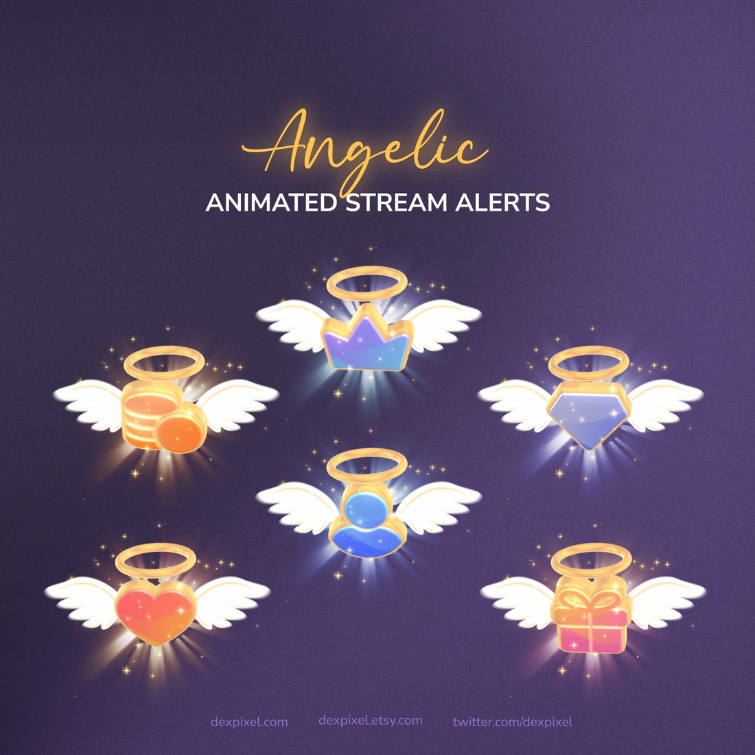 Angelic animated stream alerts with various designs on a dark background