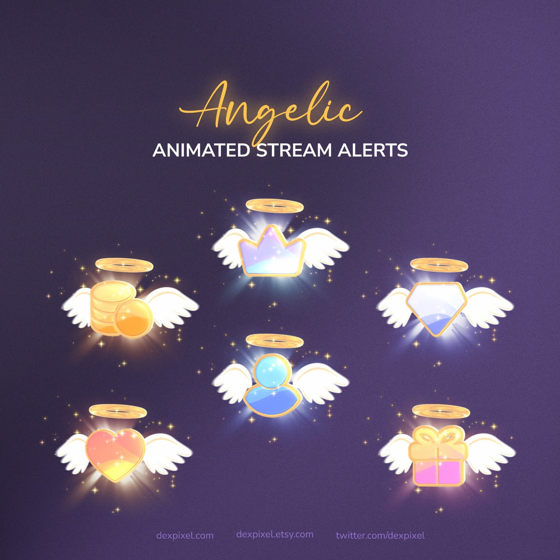 Angelic animated stream alerts with various designs on a dark background