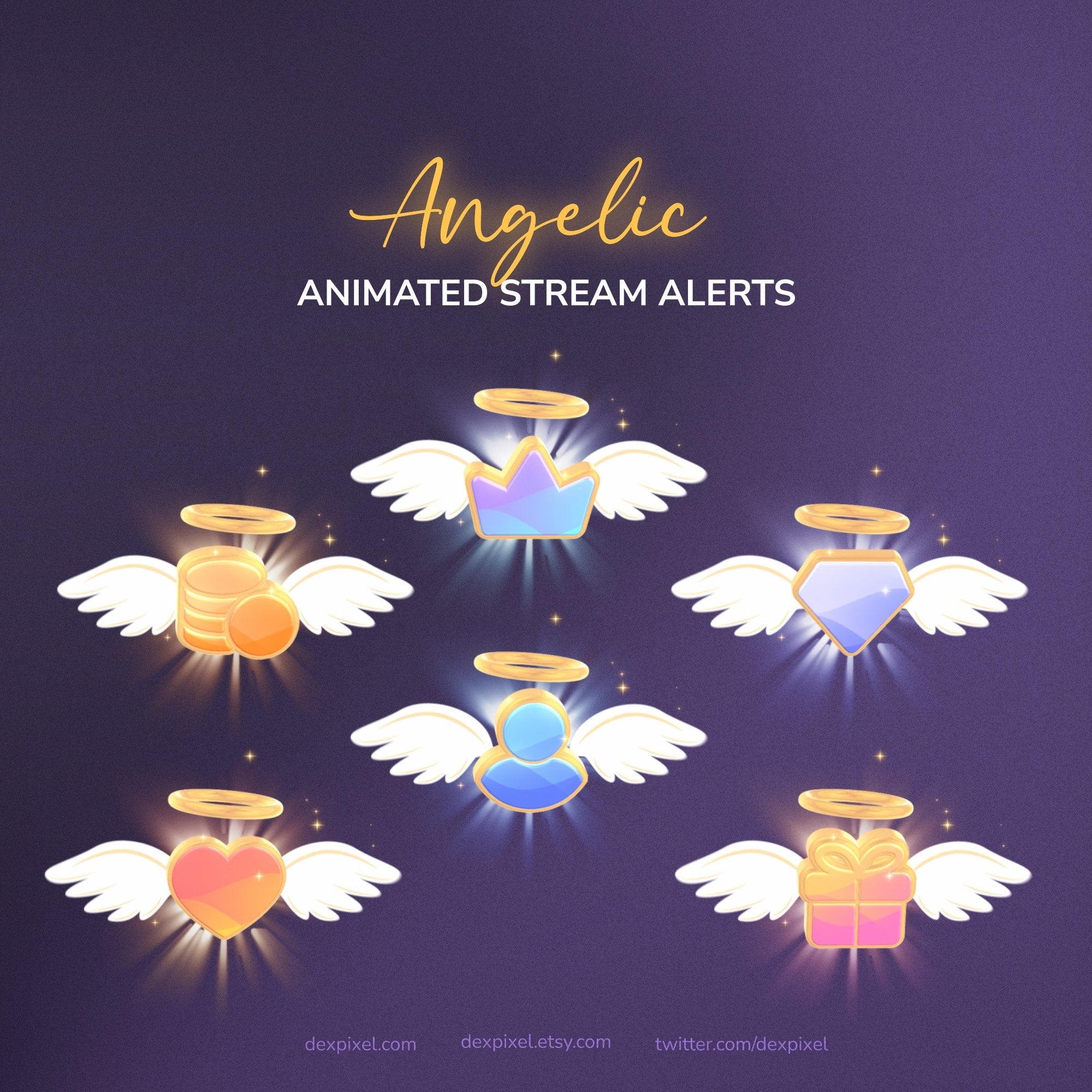 Animated stream alerts with angelic designs on a dark background