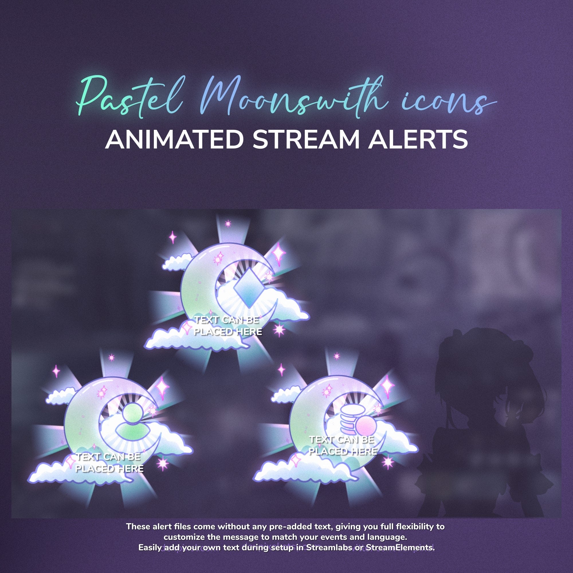 Animated stream alerts with customizable text on a dark background