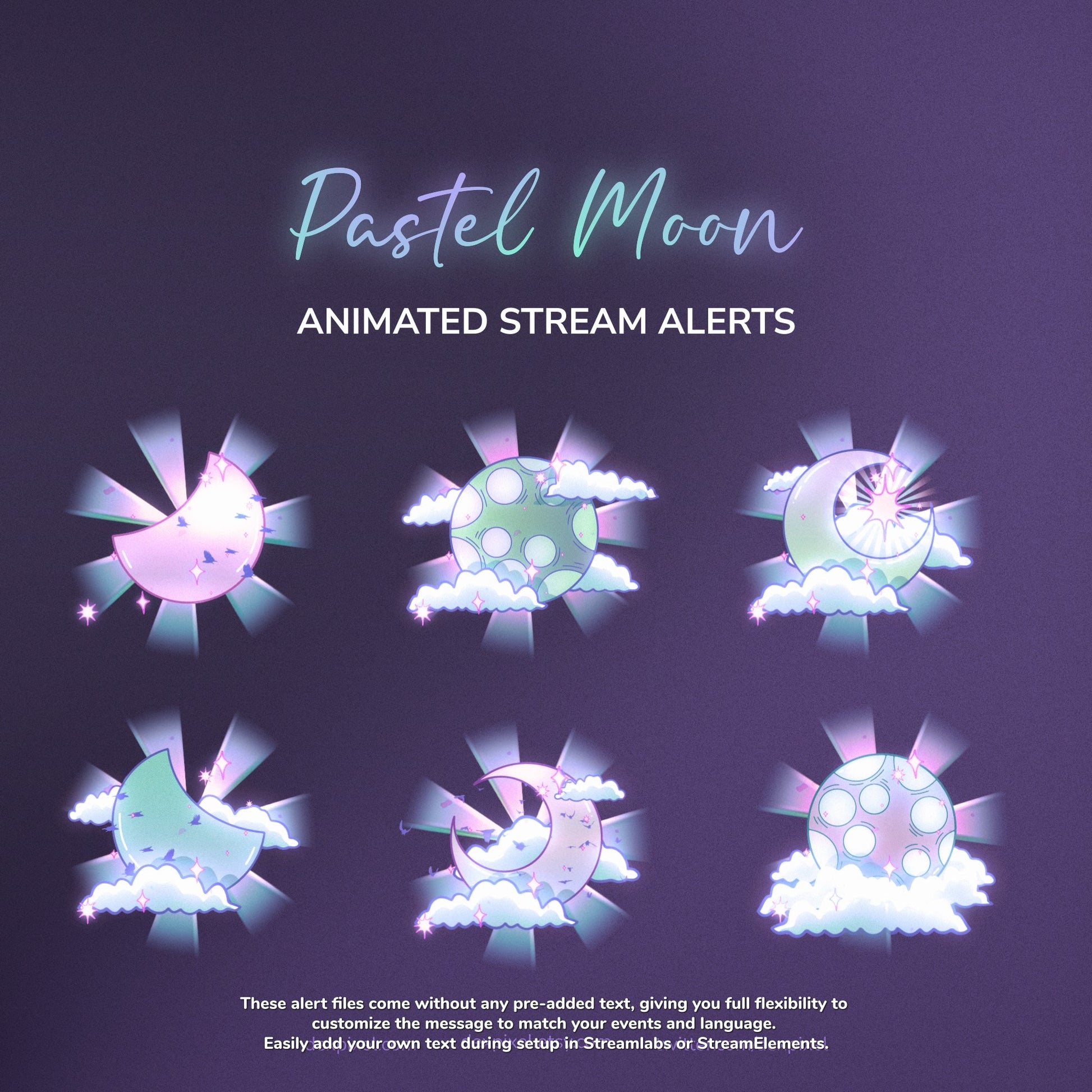 Pastel moon animated stream alerts with customizable text on a dark background