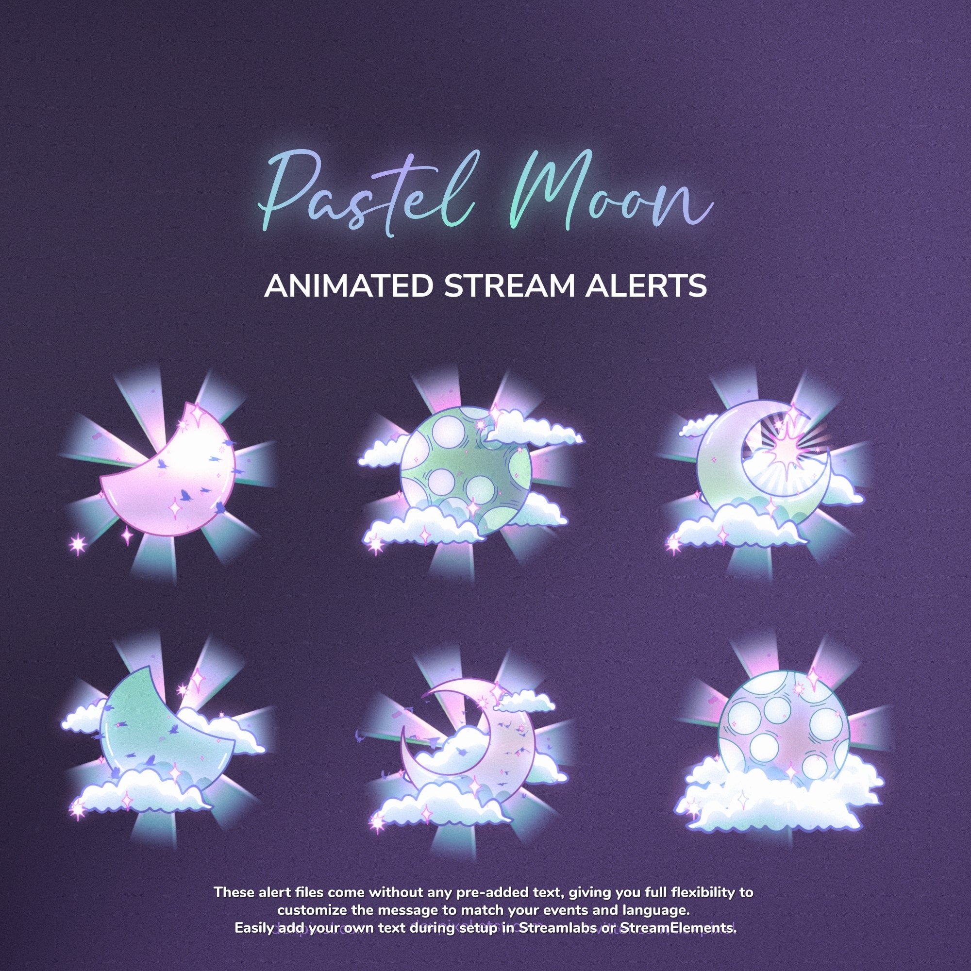 Pastel moon animated stream alerts with customizable text on a dark background