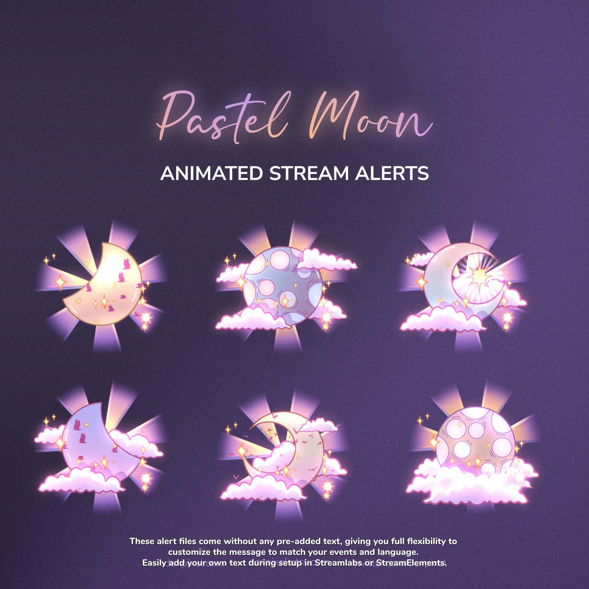 Pastel moon animated stream alerts with a dark purple background
