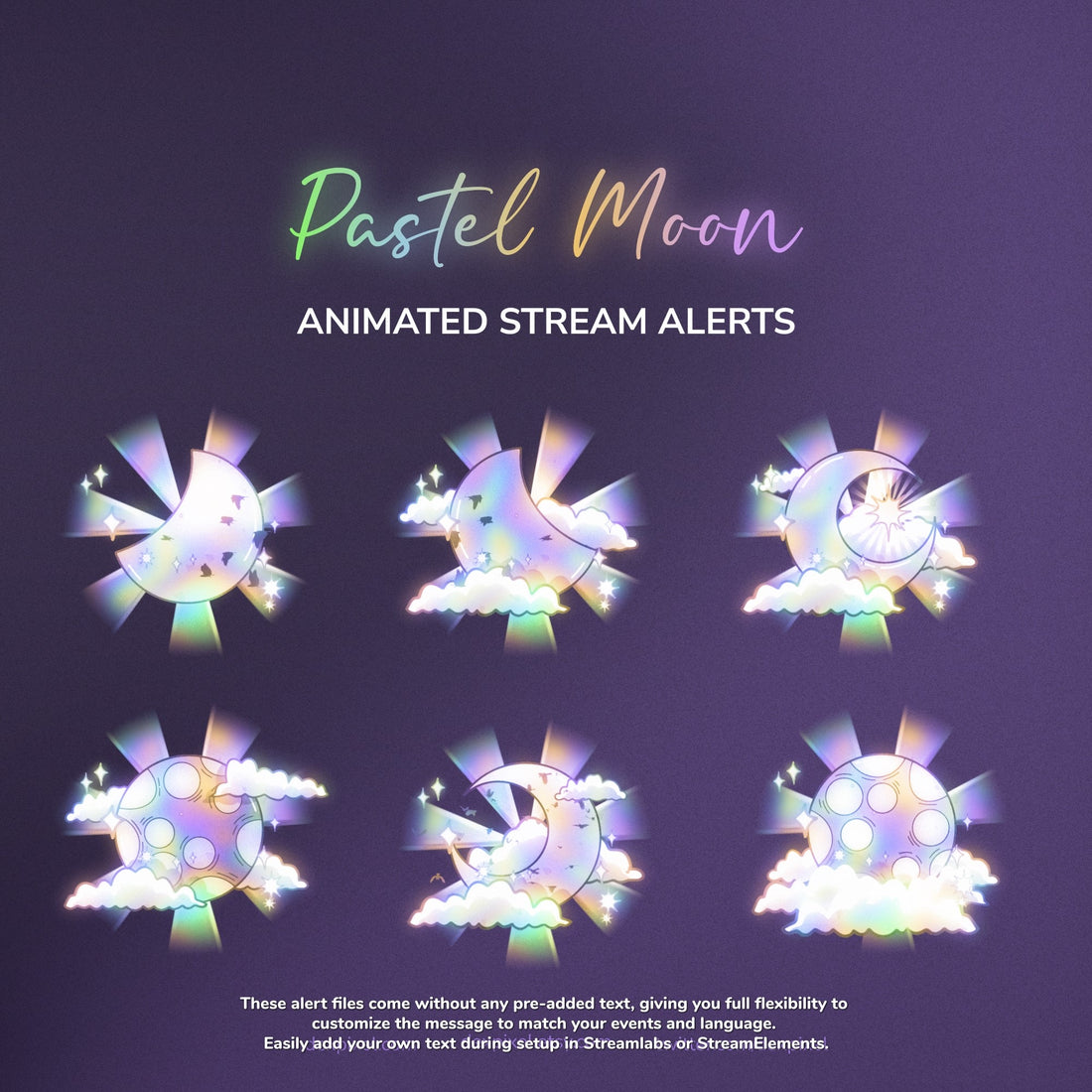 Pastel moon animated stream alerts with 'Pastel Moon' branding on a dark background.