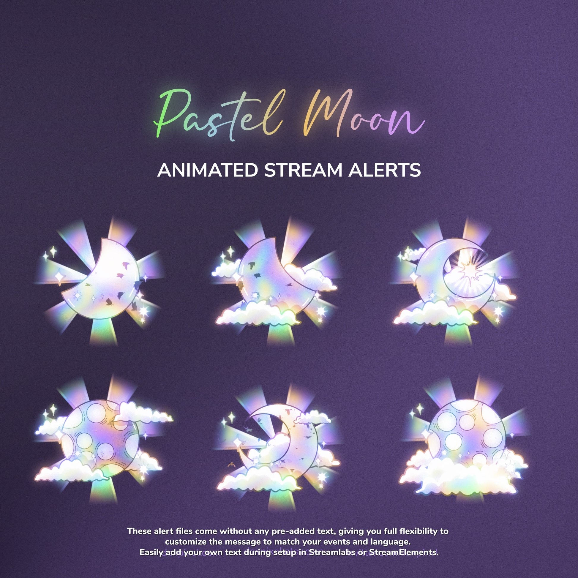 Pastel moon animated stream alerts with 'Pastel Moon' branding on a dark background.
