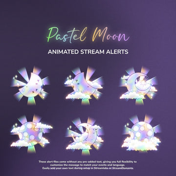 Pastel moon animated stream alerts with 'Pastel Moon' branding on a dark background.