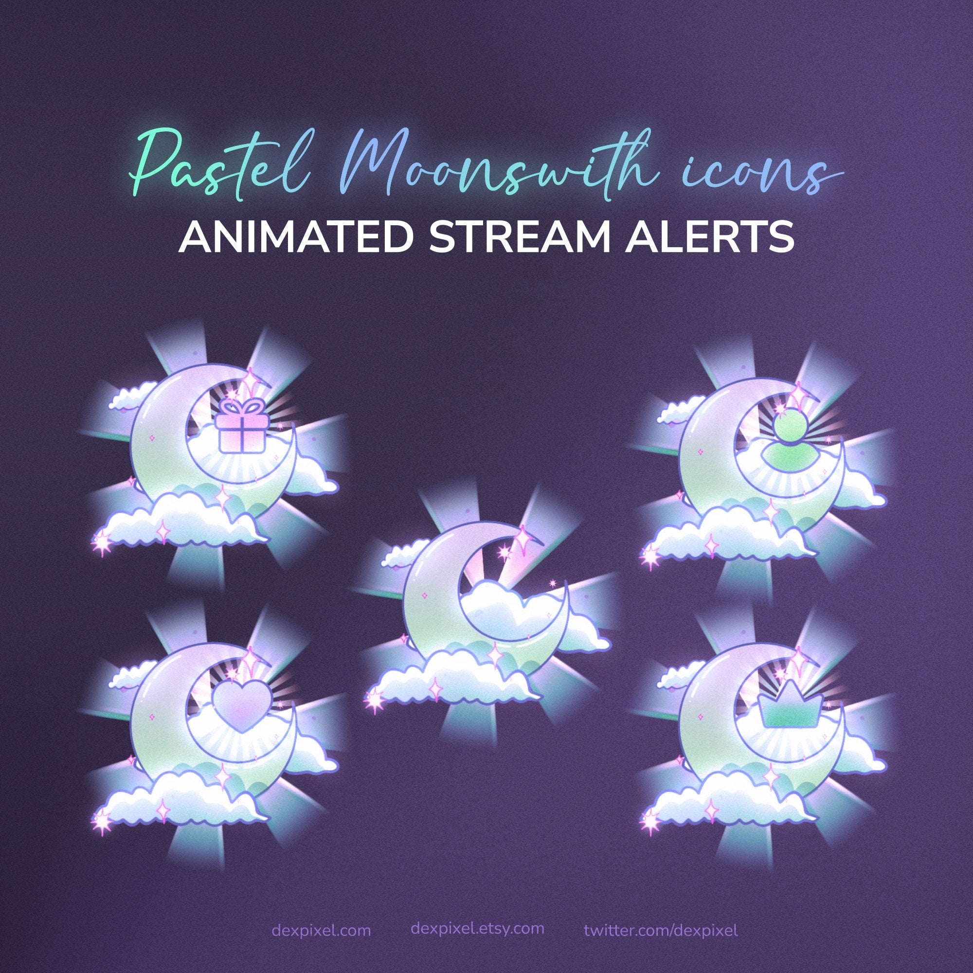 Pastel moon-themed icons with animated stream alerts on a dark background