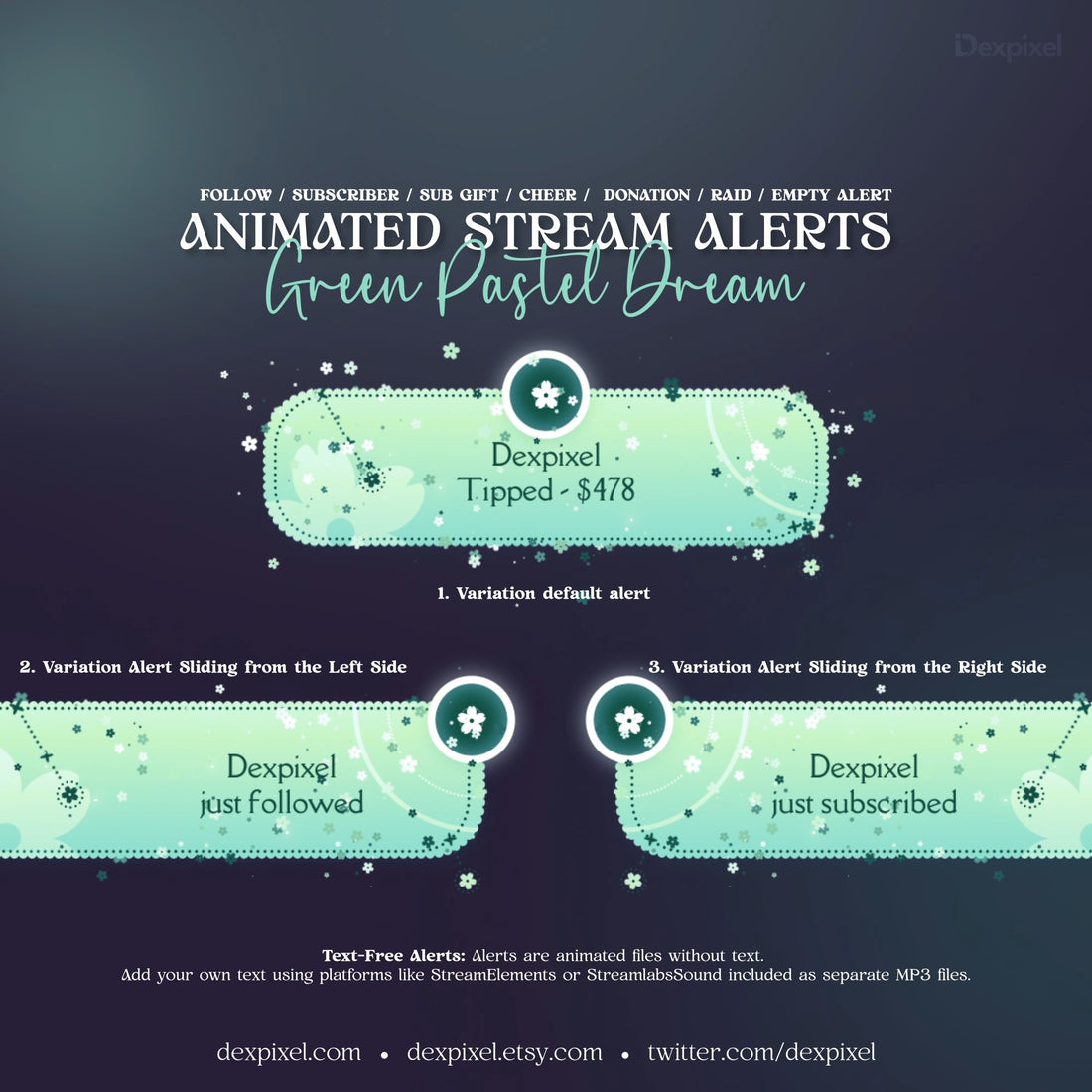 Green pastel Dream animated stream alerts for Twitch