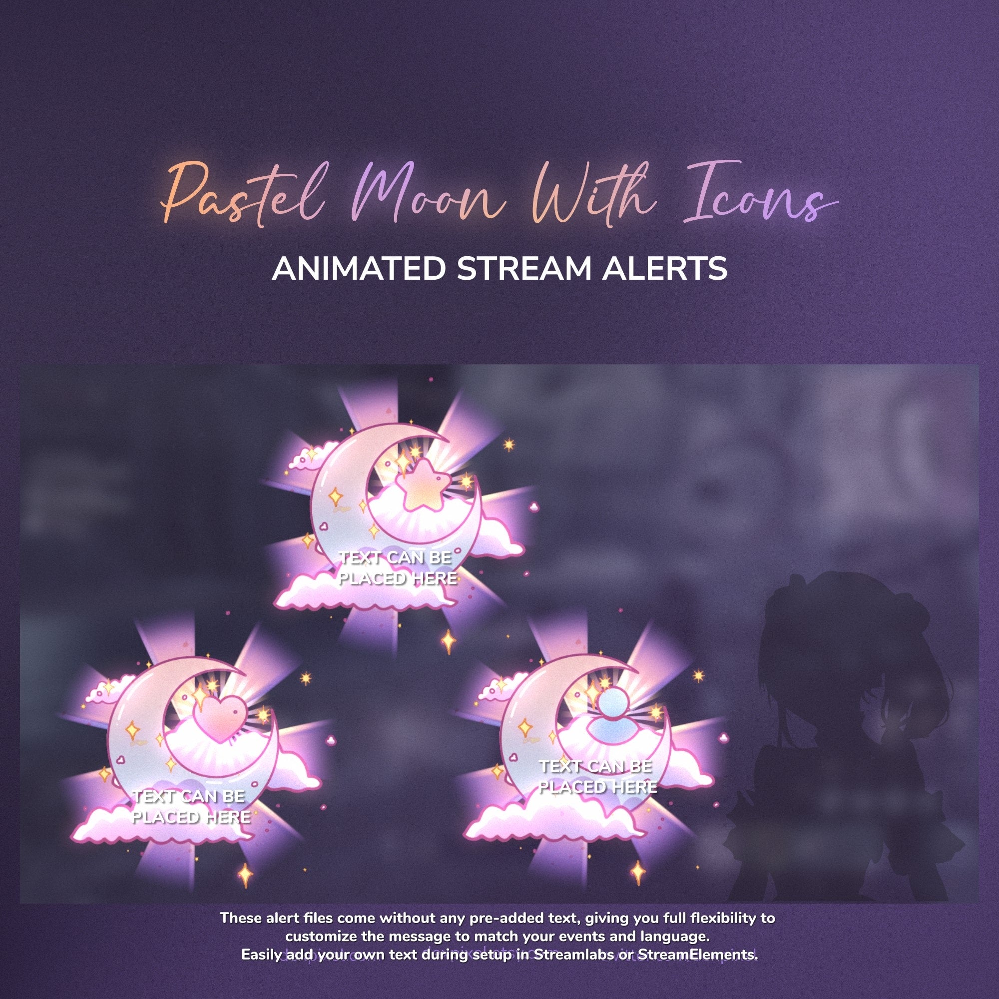 Animated stream alerts with pastel moon design on a dark background