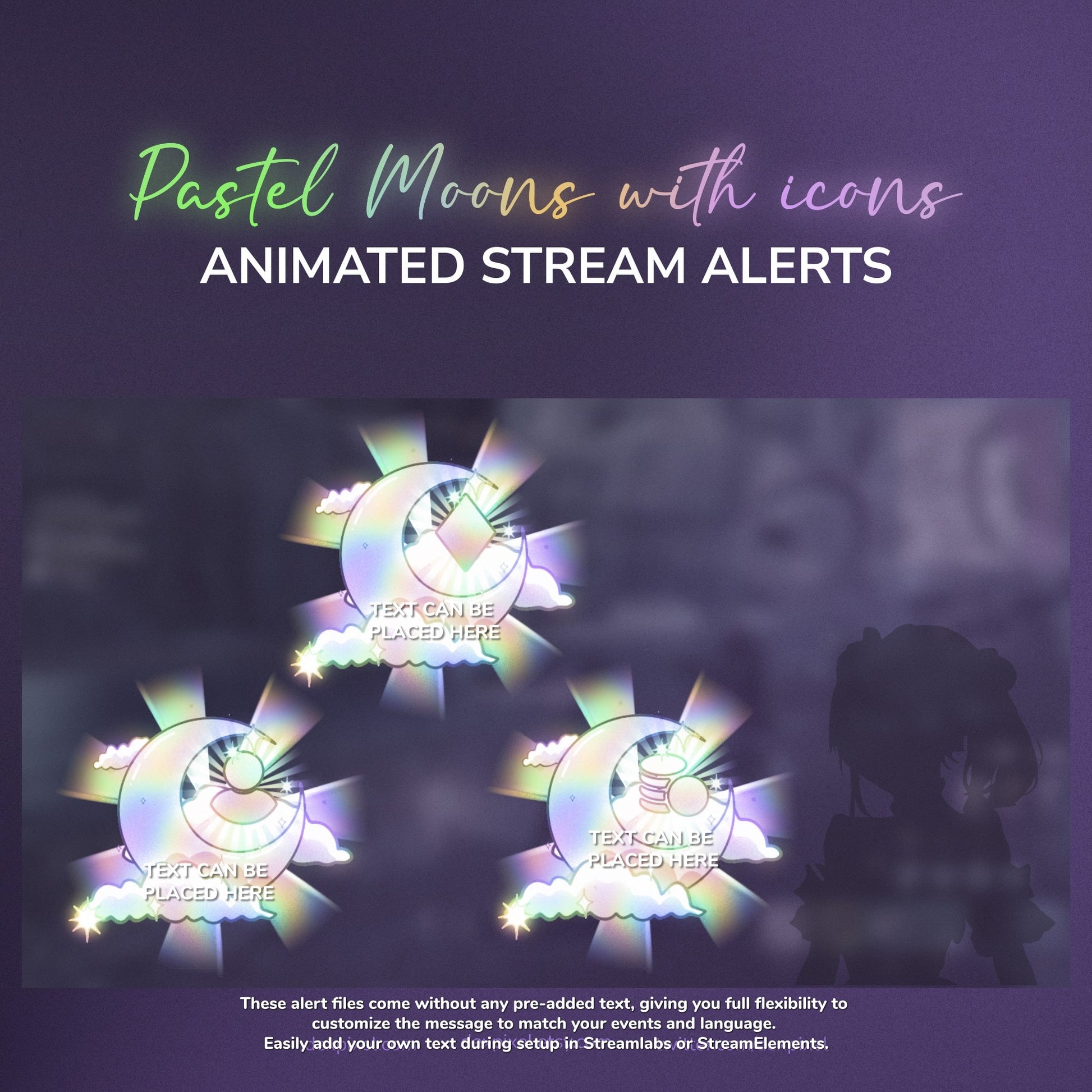 Animated stream alerts with pastel moons and icons on a dark background