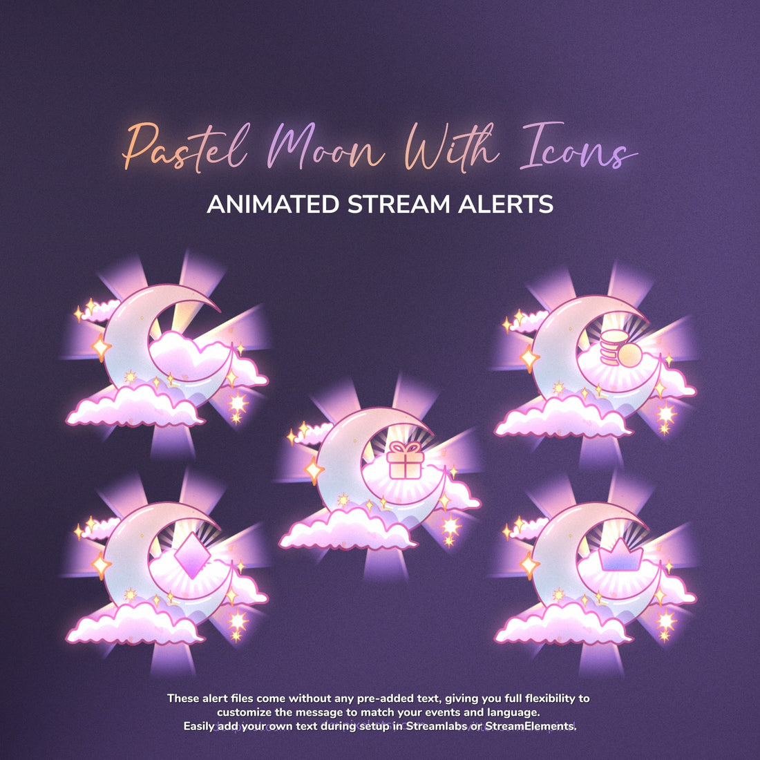 Pastel moons with icons for animated stream alerts on a dark background