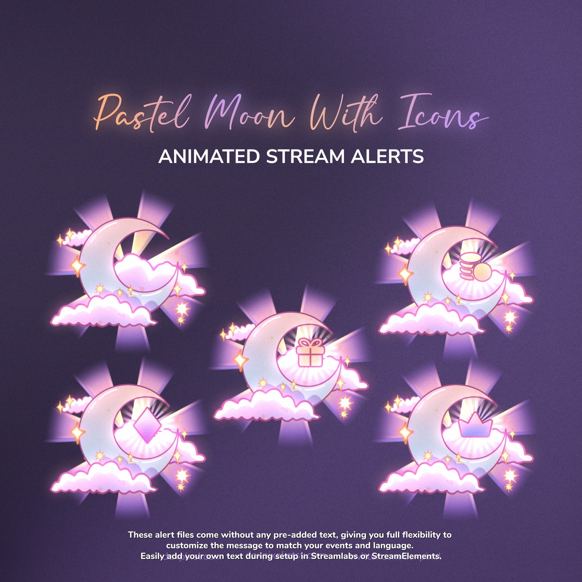 Pastel moon icons with animated stream alerts on a dark purple background