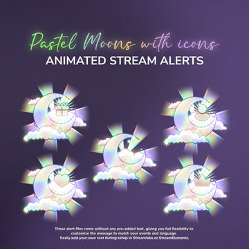 Pastel moons with icons for animated stream alerts on a dark background