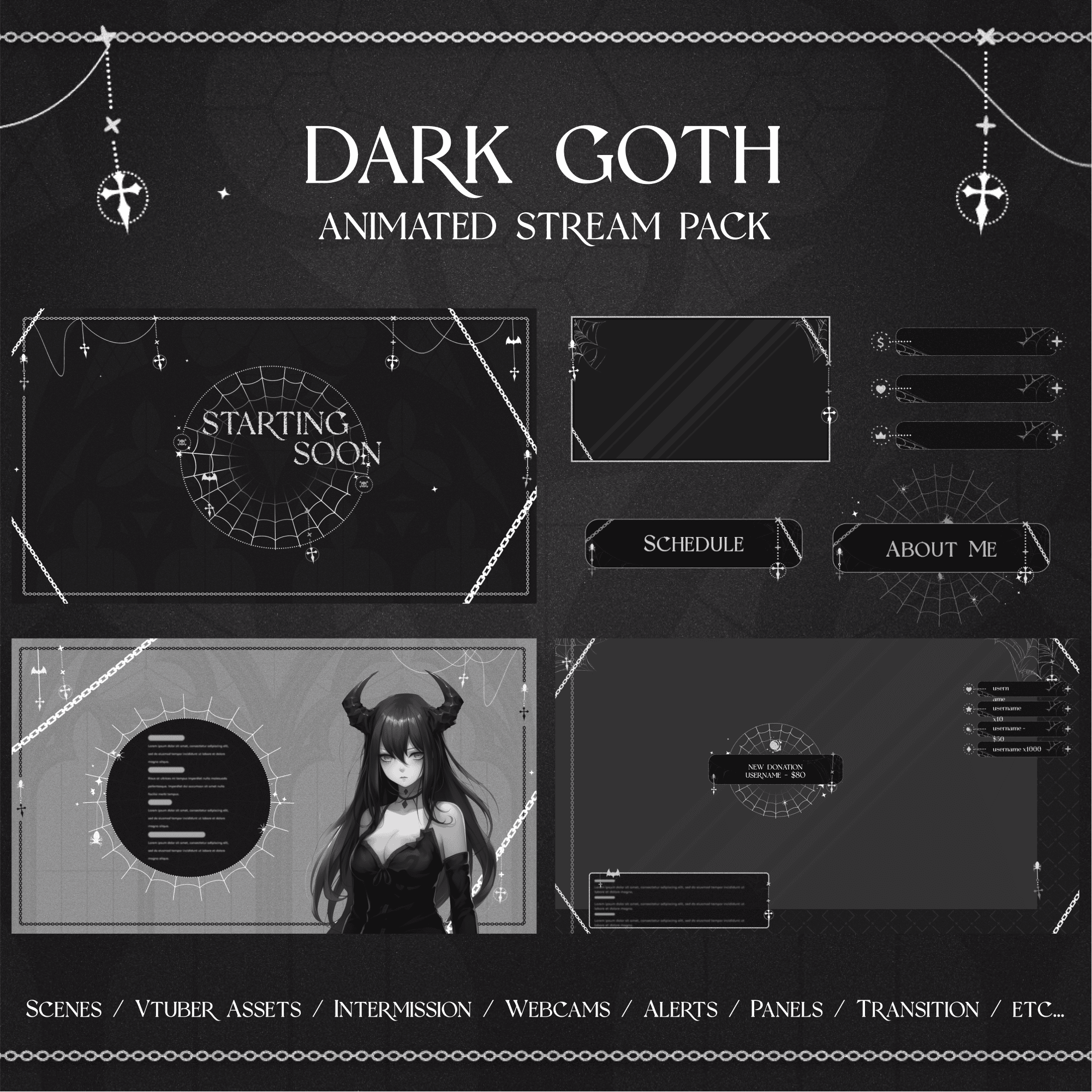 Black and White Dark Goth Animated Stream Pack