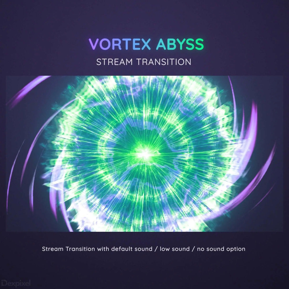 Swirling green and purple vortex effect with radiating light beams.