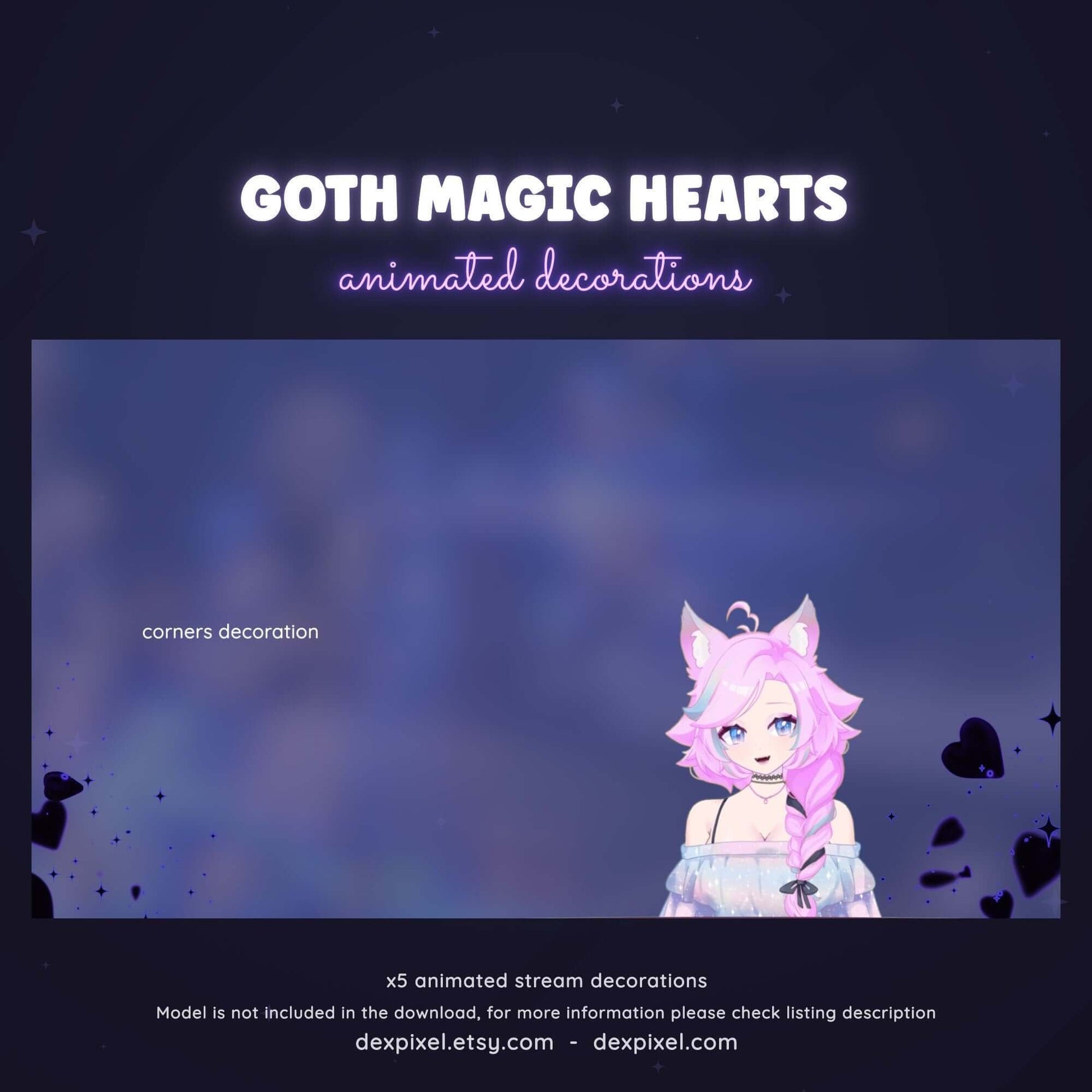 Animated Goth Magic Hearts stream decorations for a captivating and stylish streaming experience. Perfect for VTubers!