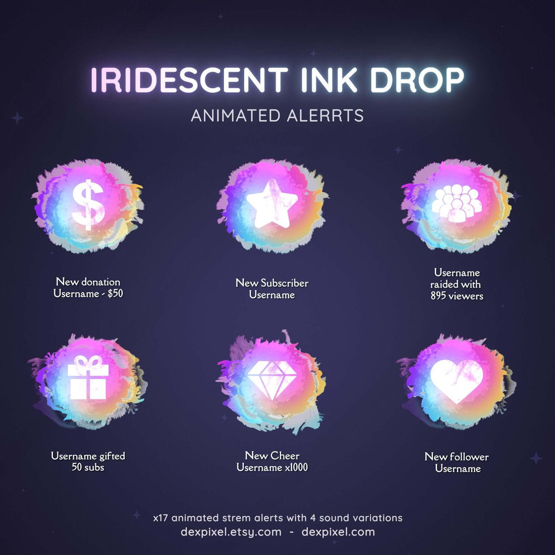 white iridescent ink drop animated twitch stream alerts
