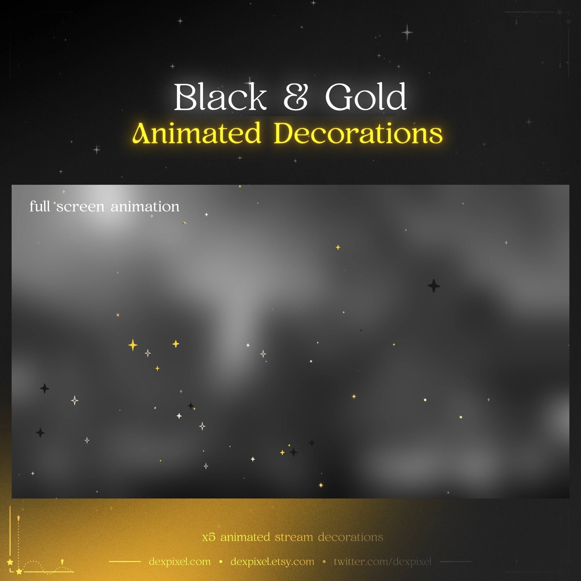 Black and Gold Stars Stream Decoration featuring animated decorations and sparkling effects