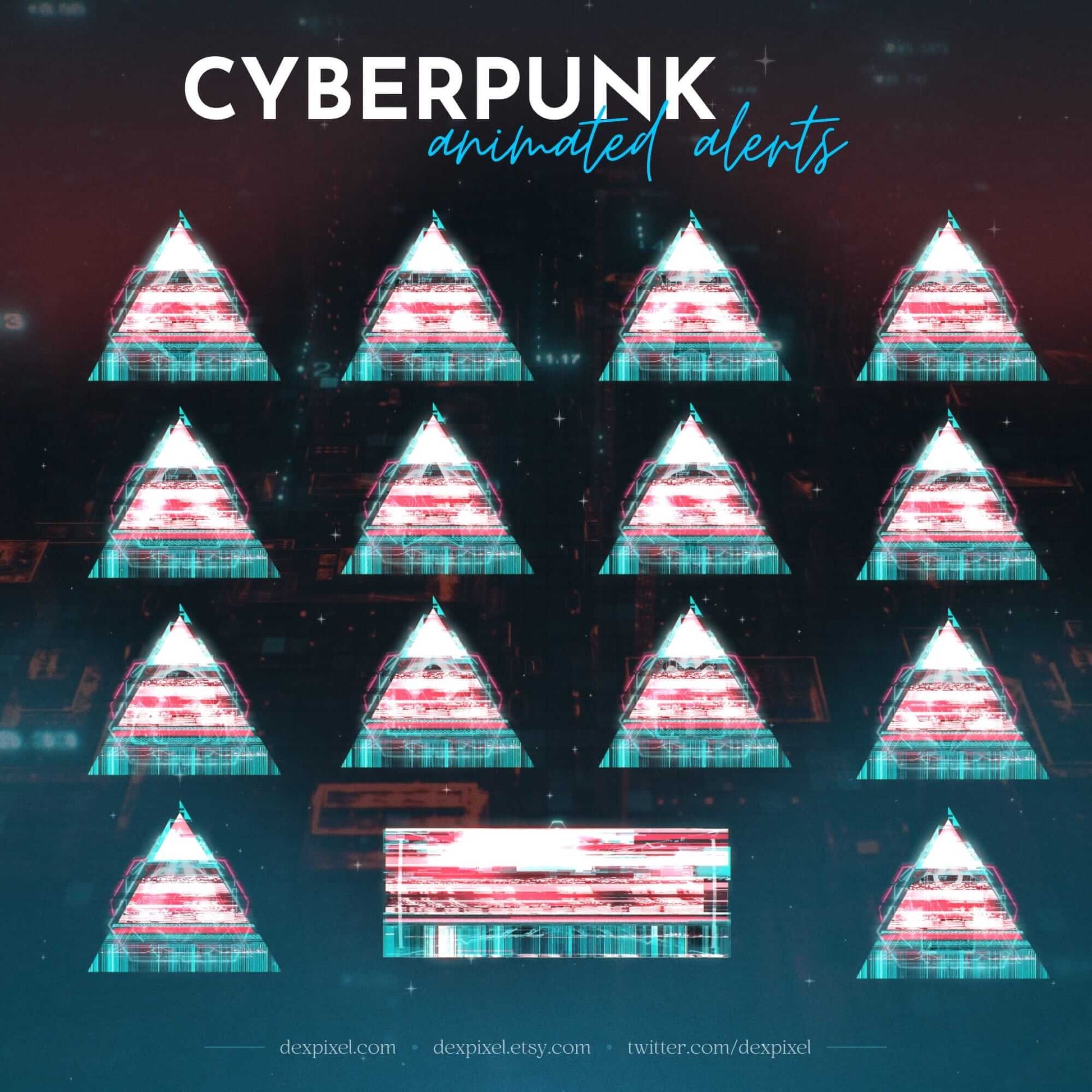 Cyberpunk animated alerts featuring glitchy neon triangle designs for Twitch and YouTube streams.