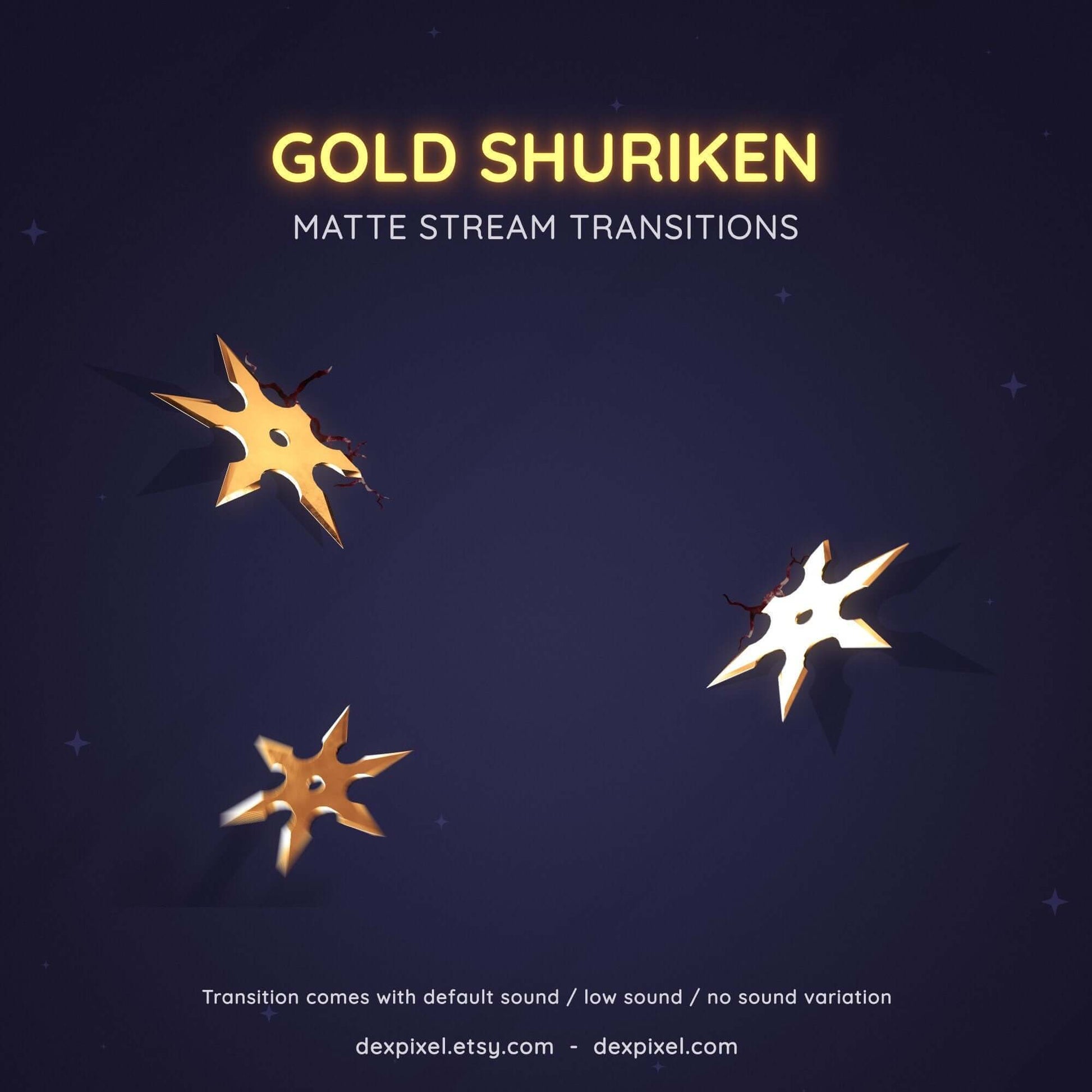 Gold Shuriken Matte Stream Transitions showcasing ninja stars for dynamic Twitch and YouTube scene changes.