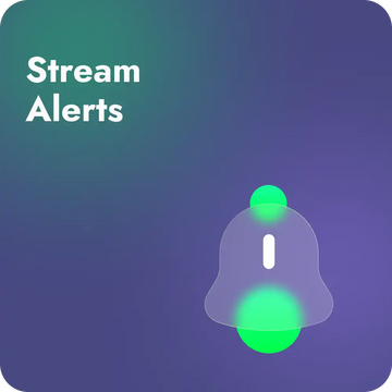 Glowing bell icon with neon green accents and ’Stream Alerts’ text above it.