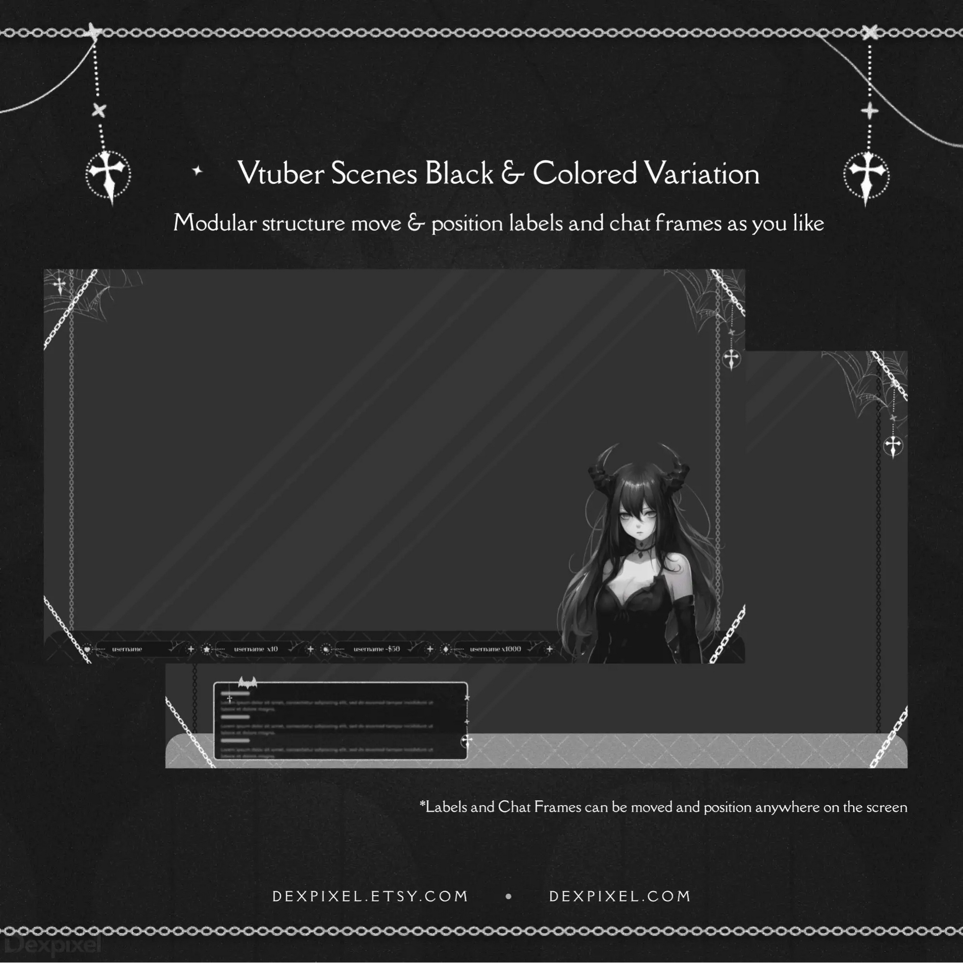 Dark-themed streaming overlay with gothic anchor decorations and modular chat frames.