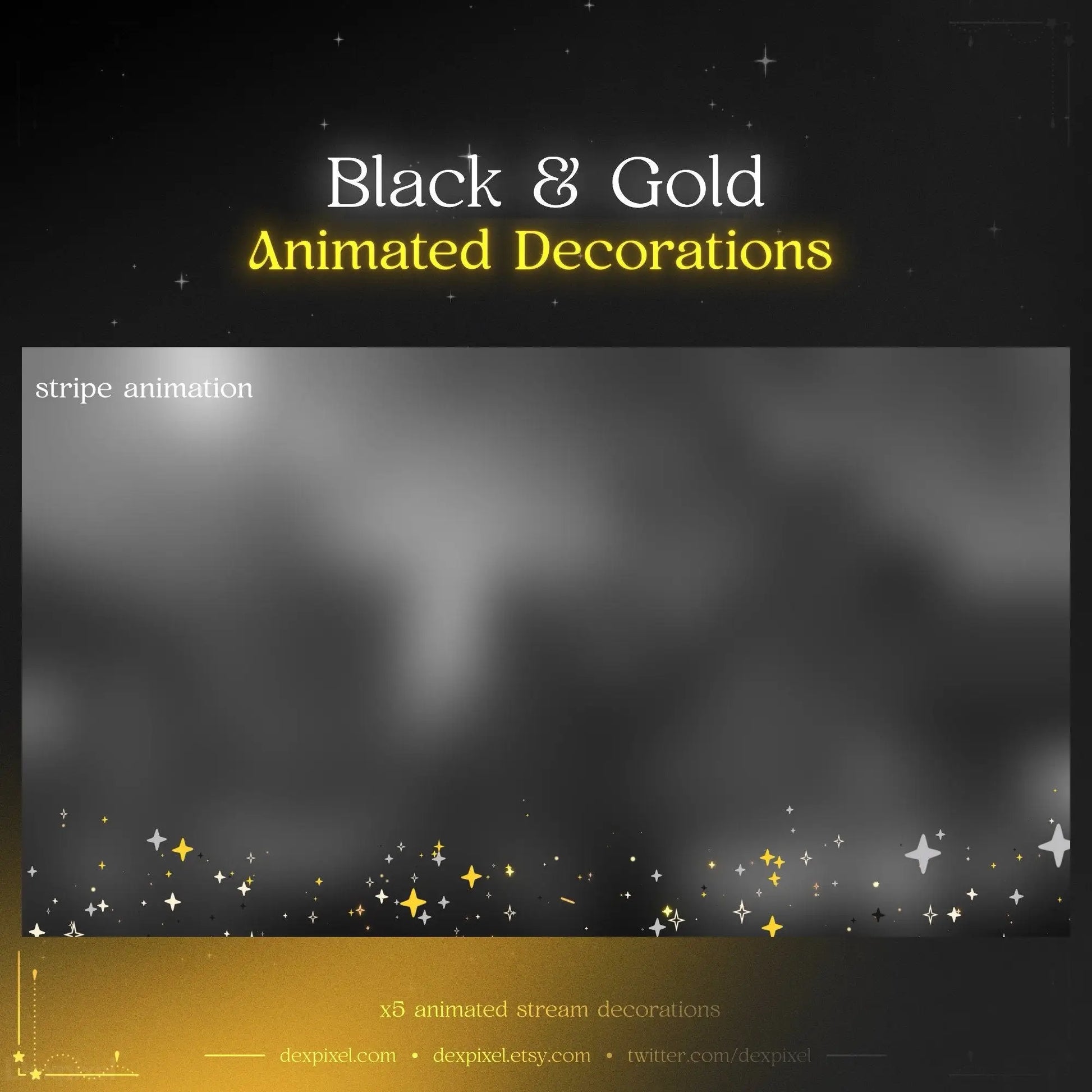 Black and gold animated decorations featuring star shapes for gold stars stream效果