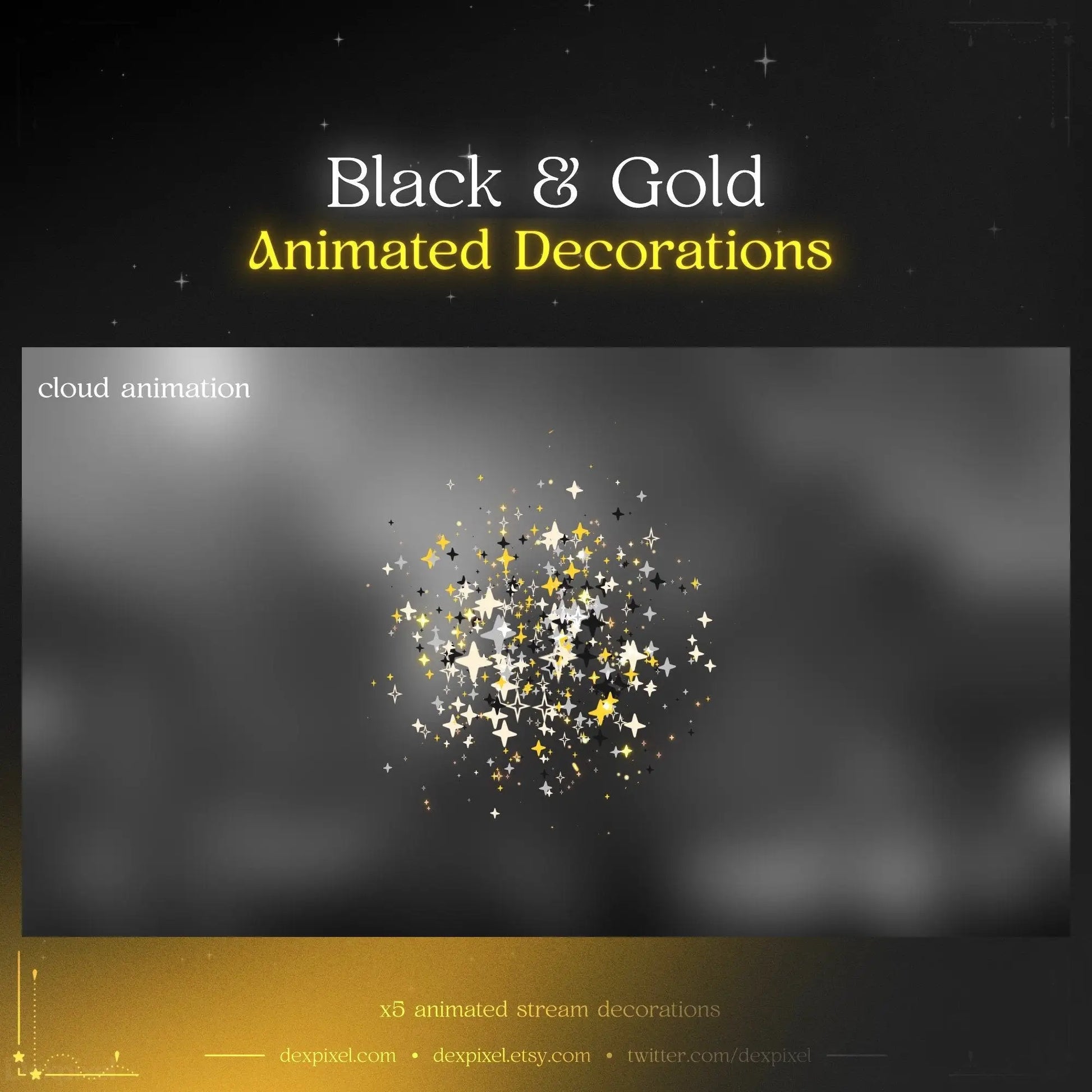 Sparkling black and gold stars stream animated decorations shimmering elegantly