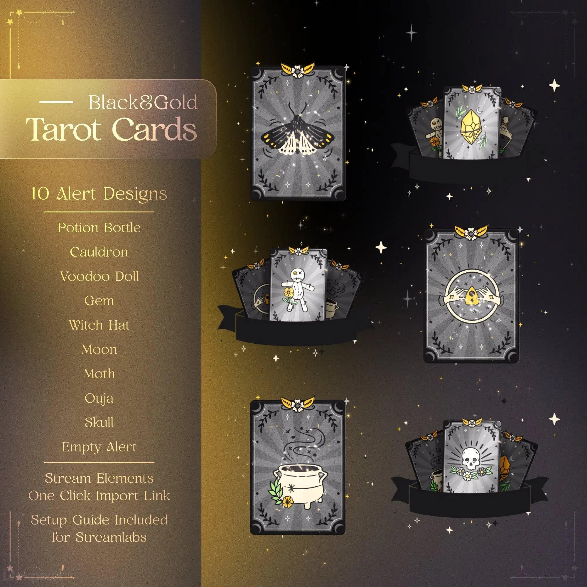 Black and gold tarot cards featuring mystical designs including potion bottles, moons, moths, and skulls.