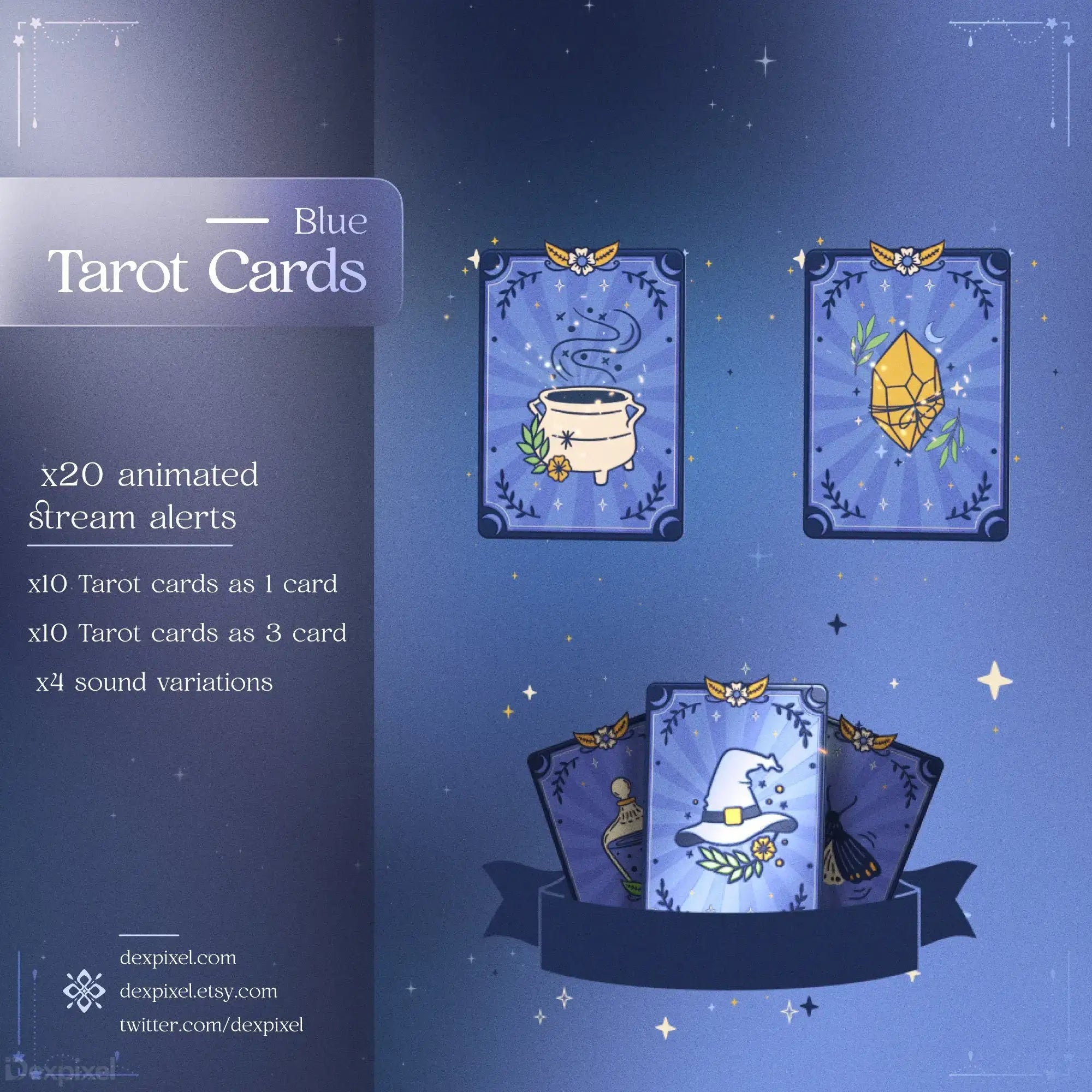 Blue mystical tarot cards featuring magical designs of a steaming cup, crystal, and crescent moon.