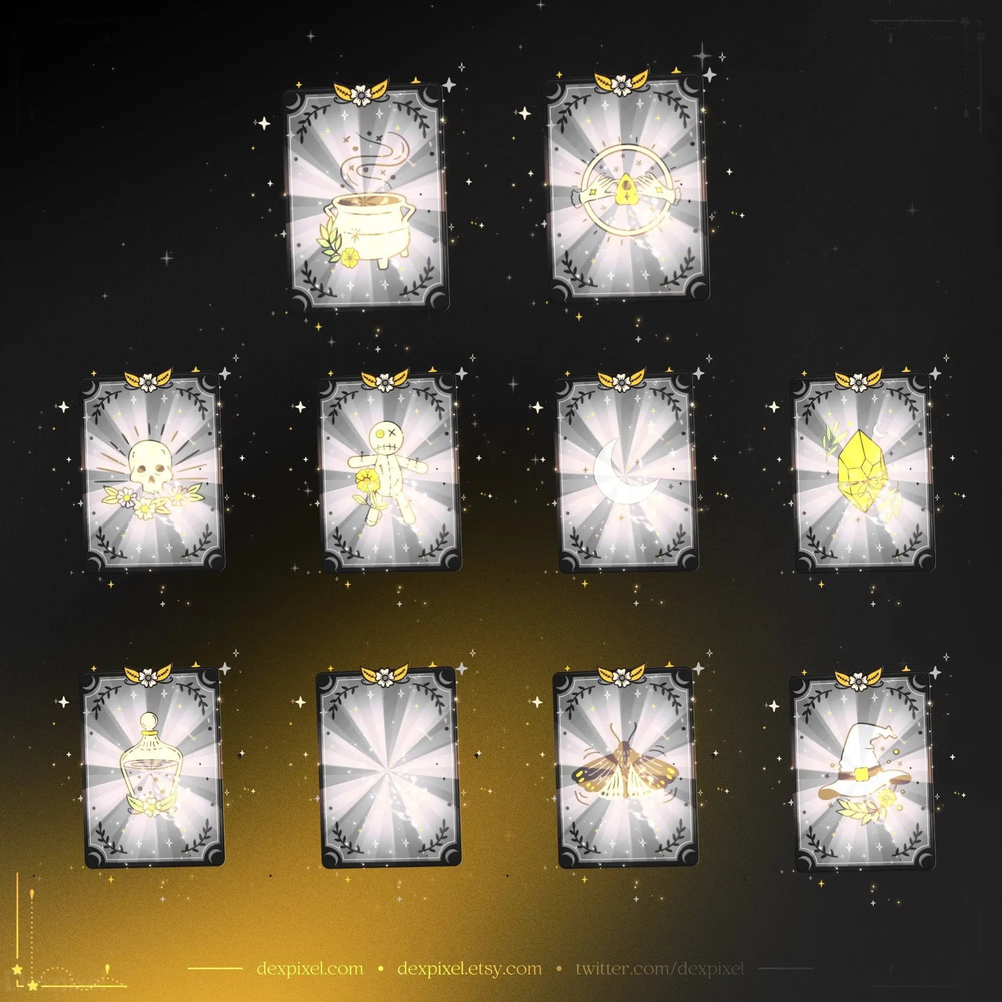 Collection of glowing tarot or oracle cards arranged in rows with radiant starburst patterns.