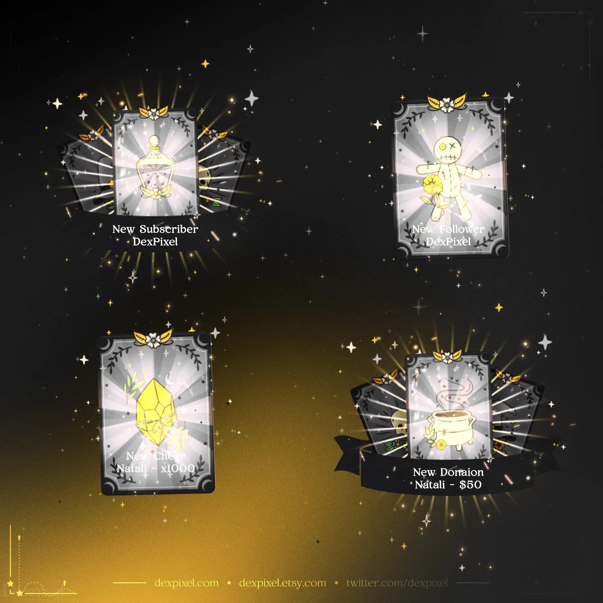 Four glowing tarot cards with mystical symbols and radiating light beams.