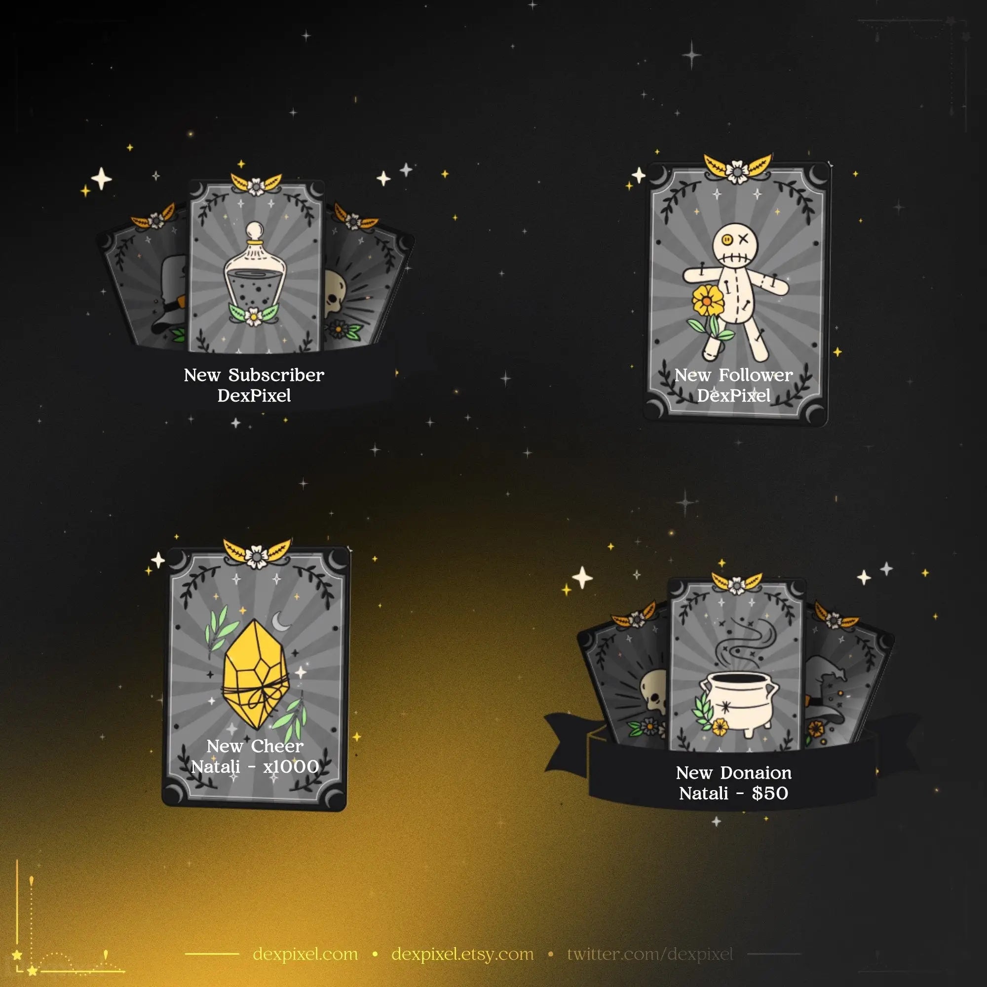 Four decorative tombstone-style notification badges with Halloween-themed icons and text.