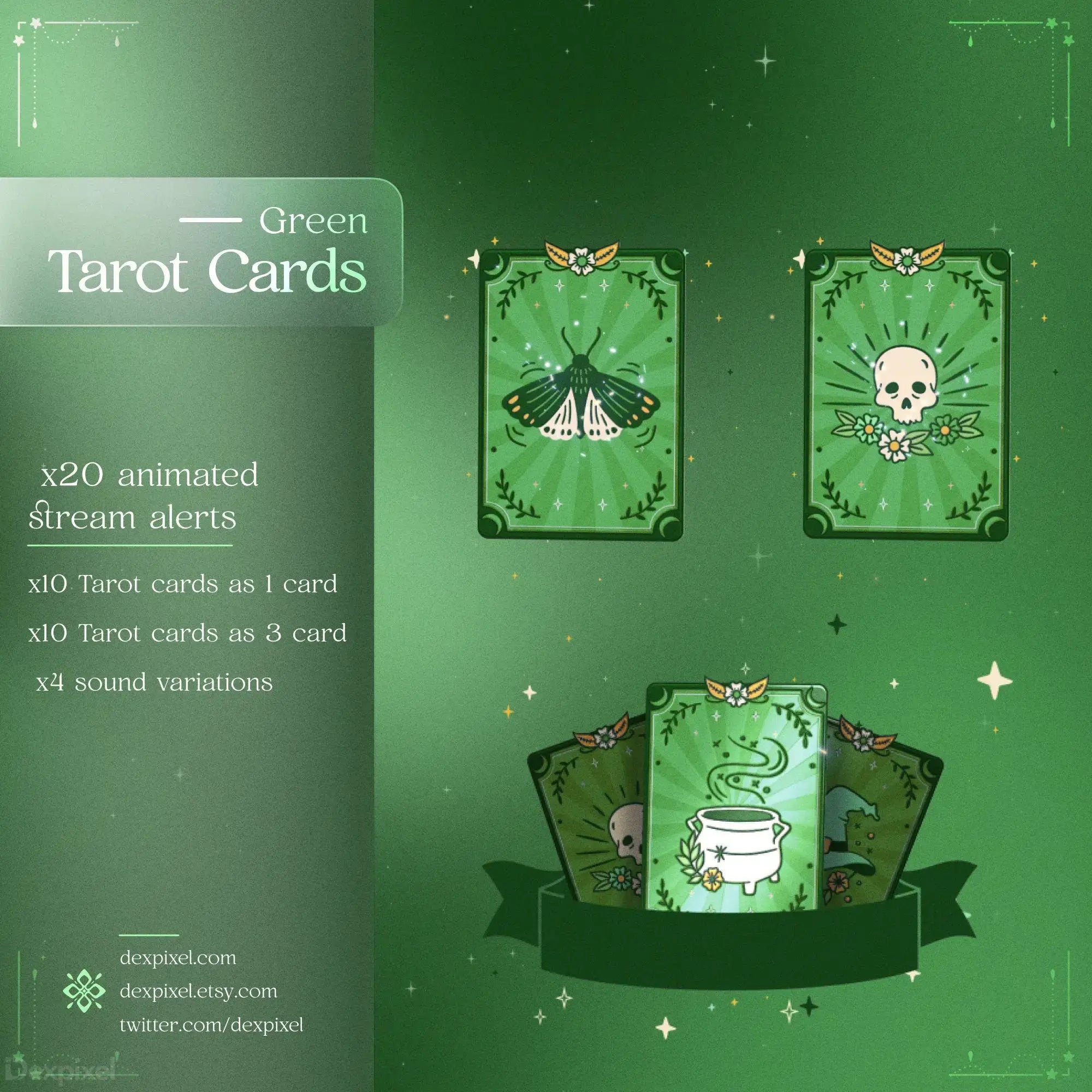 Green tarot card designs featuring mystical illustrations of a moth, skull, and steaming cup.
