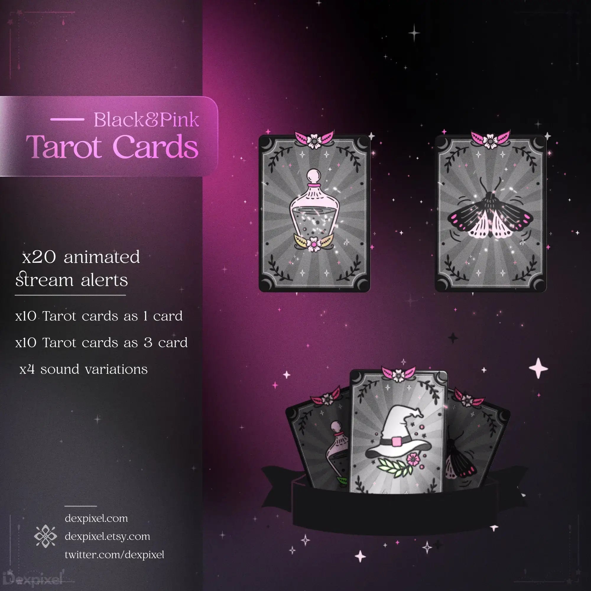 Black and pink themed tarot card designs with mystical skull and moth motifs.